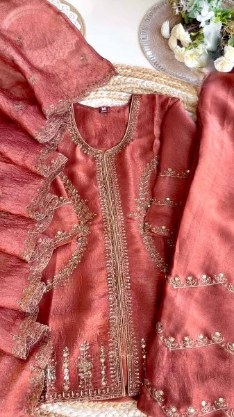 Alloy Orange Crunchy Silk Sequence Embroidery Work Plazzo Suit