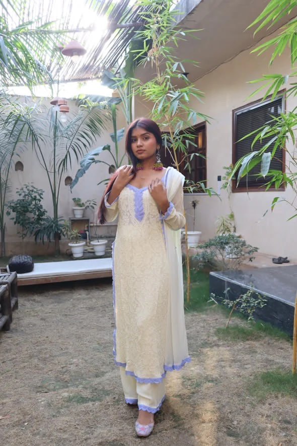 Cream Viscose Georgette Silk Chikankari Kurta With Palazzo And Dupatta Set