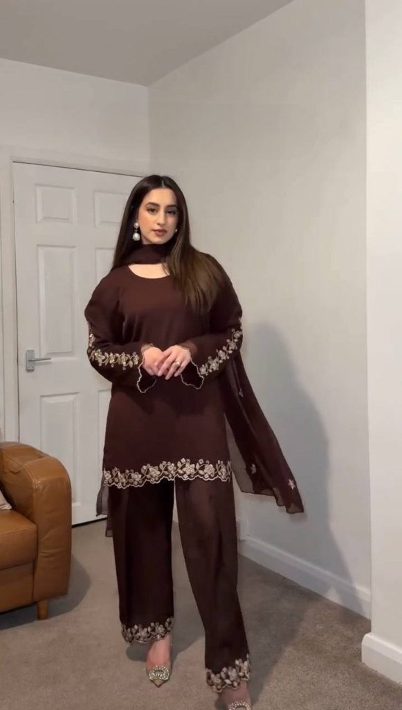 Brown Faux Georgette Embroidery Work Farshi Plazzo Suit