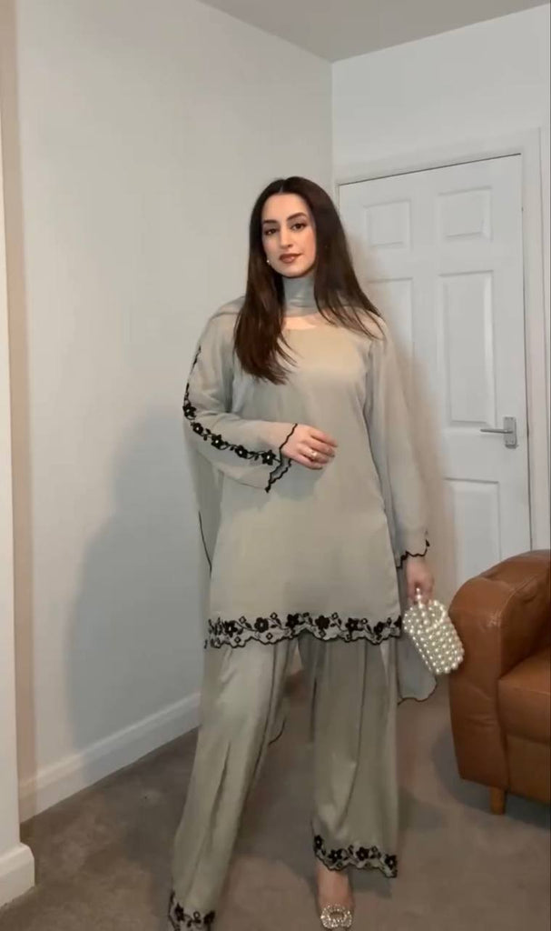 Khaki Faux Georgette Embroidery Work Farshi Plazzo Suit