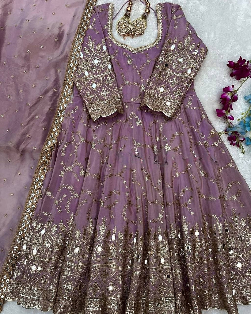 Lavender Chinon Silk Sequence Embroidery Work Gown