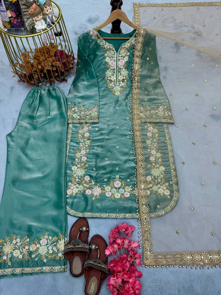 Aqua Jimmy Choo Embroidery Work Plazzo Suit