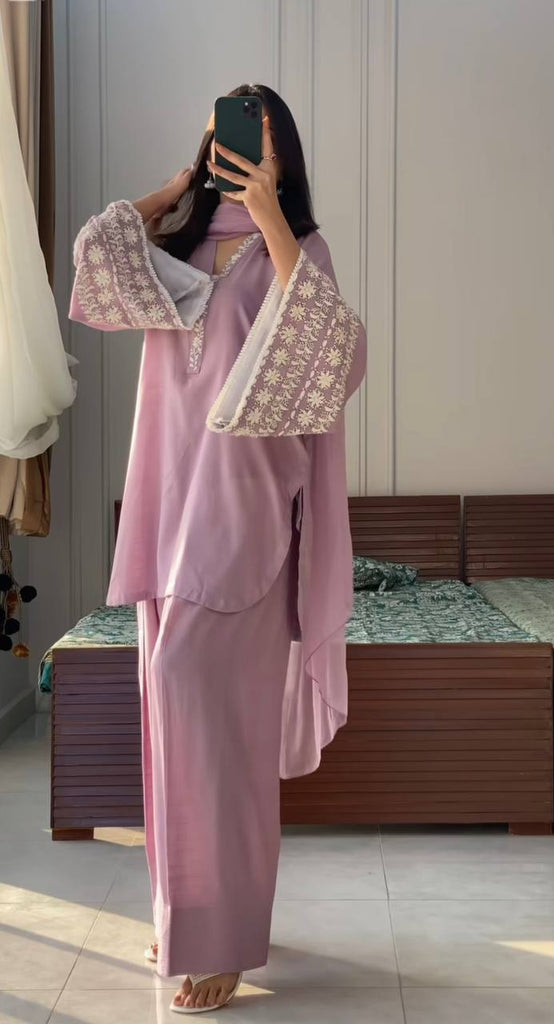 Pink Natural Satin Embroidery Work Farshi Plazzo Suit