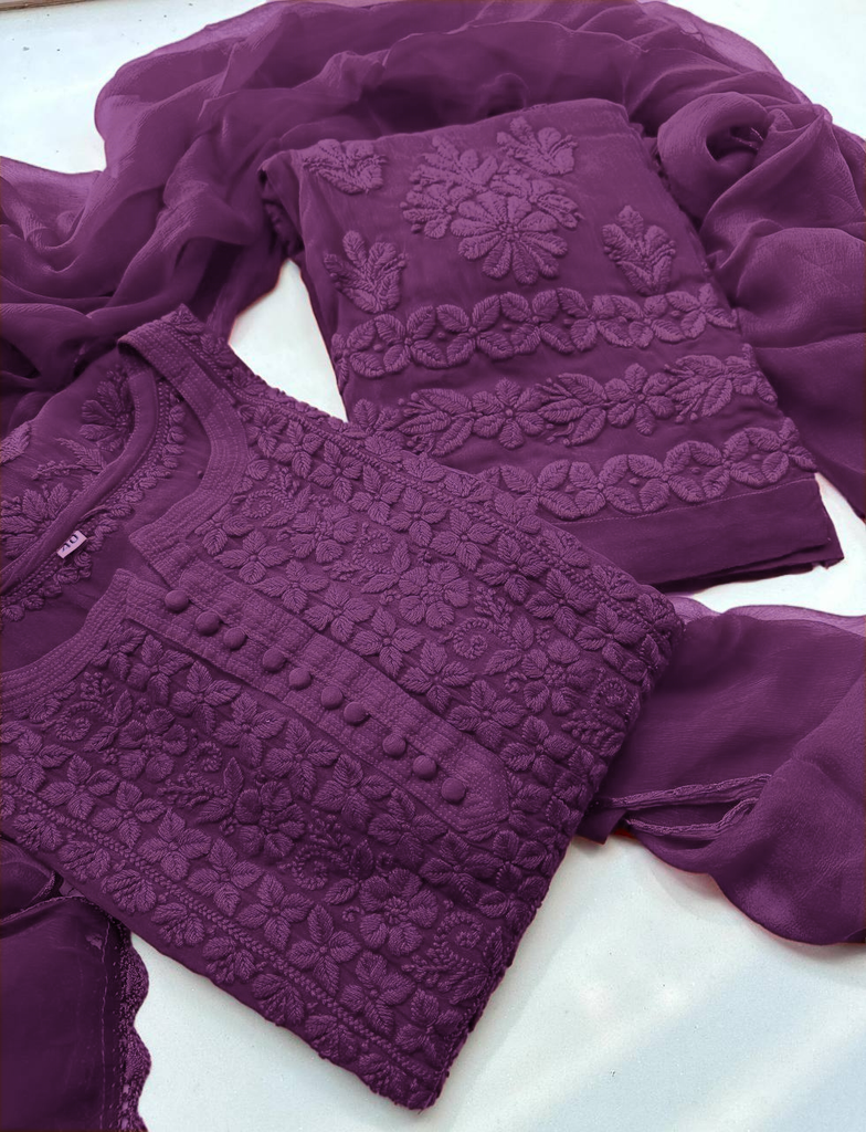 Georgette Chikankari Kurta &amp; Palazzo with Dupatta