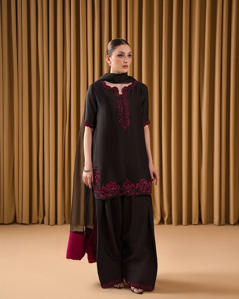 Black Natural Crepe Sequence Embroidery Work Plazzo Suit