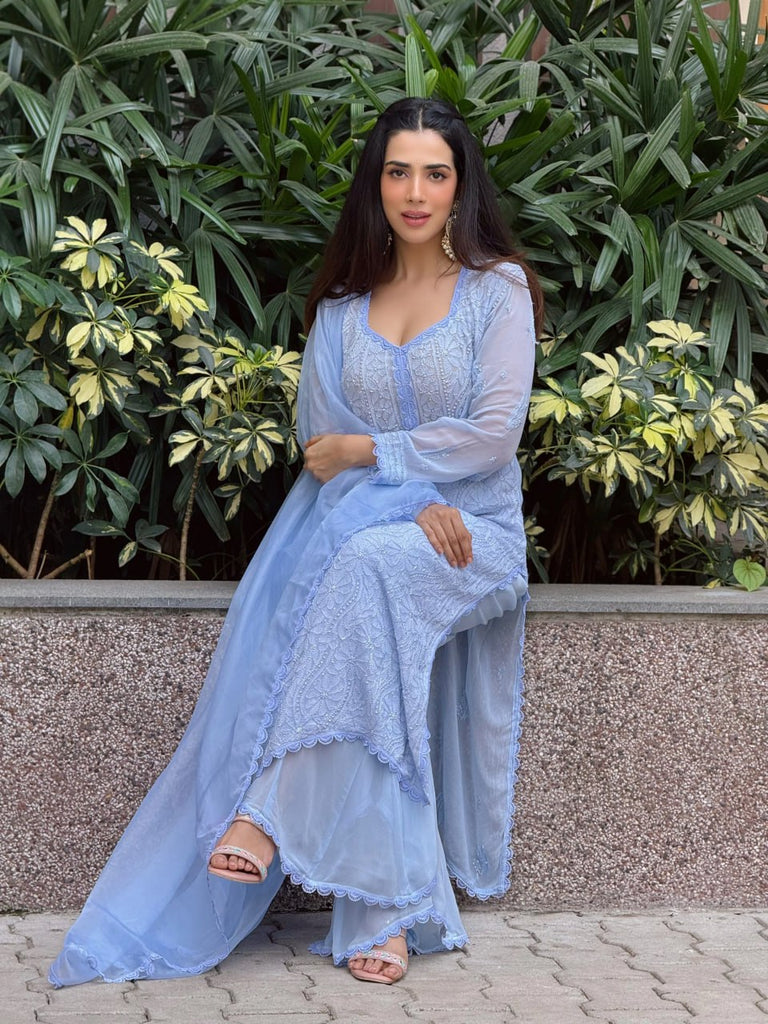 Blue Blossom: Embroidered Viscose Georgette Kurta Plazo With Dupatta