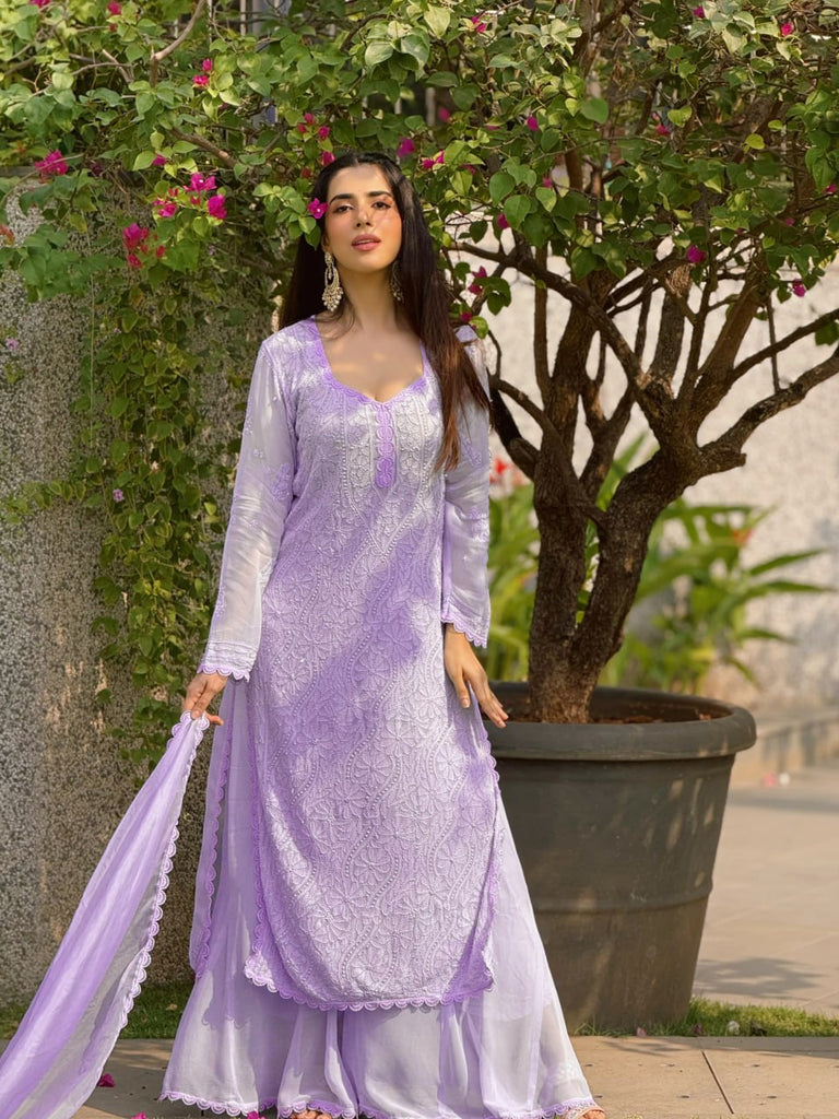 Lavender Viscose Georgette Silk Chikankari Kurta With Palazzo And Dupatta Set