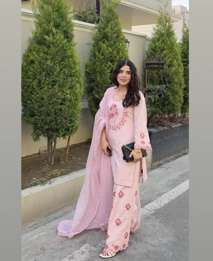 Pink Pure Natural Crepe Embroidery Work Farshi Salwar Suit