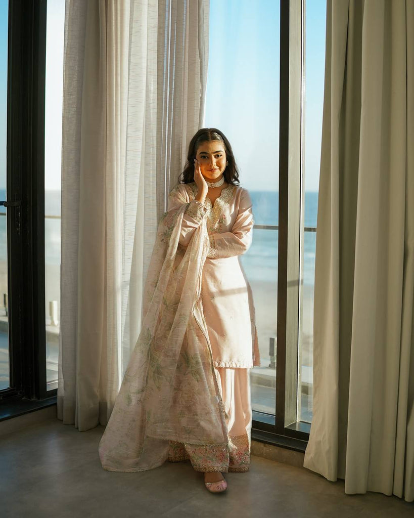 Light Pink Pure Natural Crepe Embroidery Work Palazzo Suit