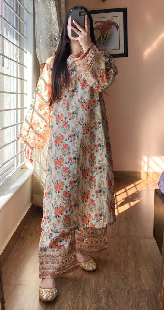 Off White Natural Roman Silk Digital Printed Co-Ord Set