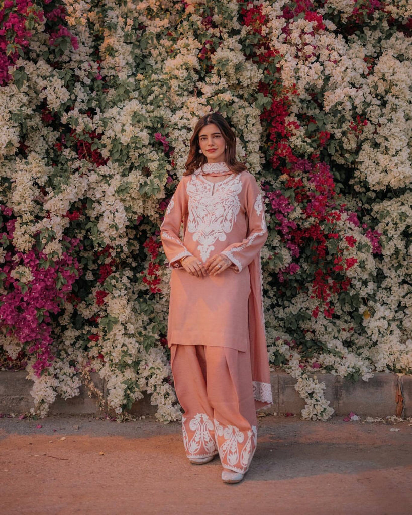 Peach Dull Satin Silk Embroidery Work Palazzo Suit