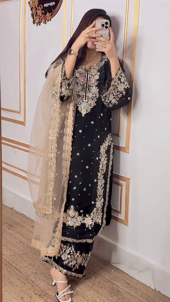 Black Pure Tissu Silk Sequence Embroidery Work Plazzo Suit