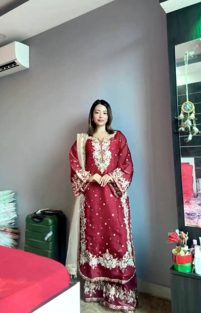 Maroon Pure Tissu Silk Sequence Embroidery Work Plazzo Suit