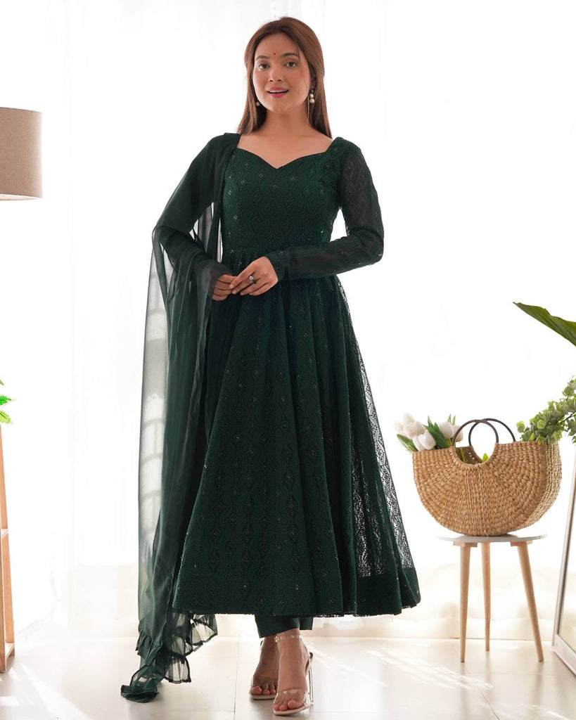 Bottle Green Faux Georgette Lucknowi Sequence Work Gown