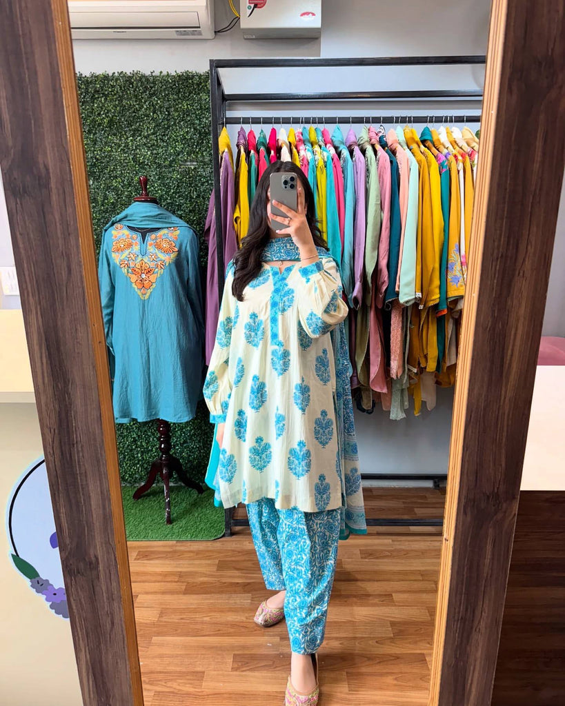 White Pure Muslin Cotton Digital Printed Farshi Salwar Suit