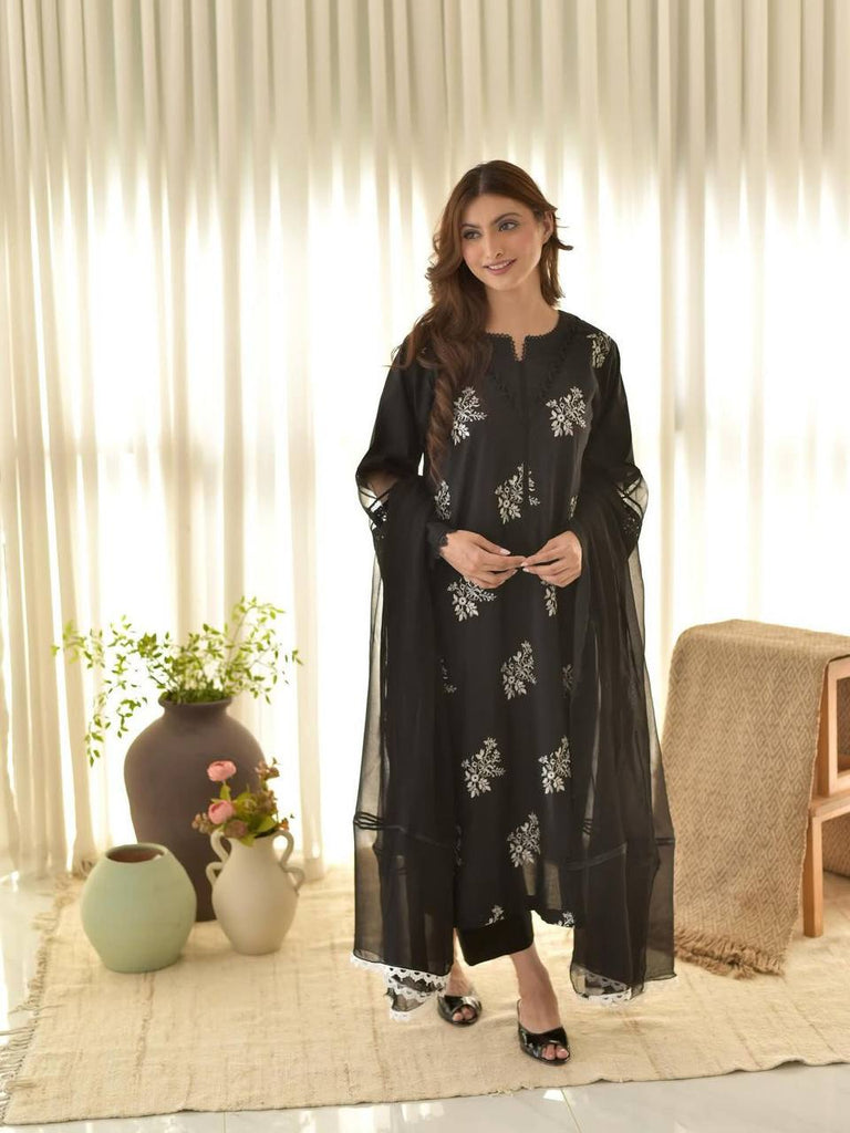 Black Roman Silk Embroidery Work Salwar Suit