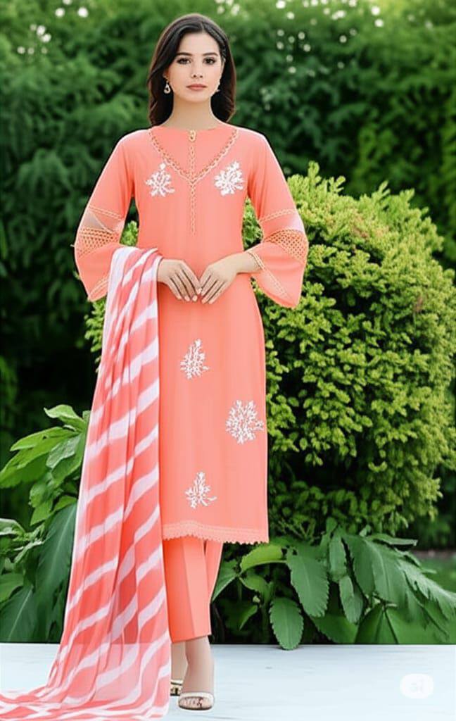Peach Roman Silk Embroidery Work Salwar Suit