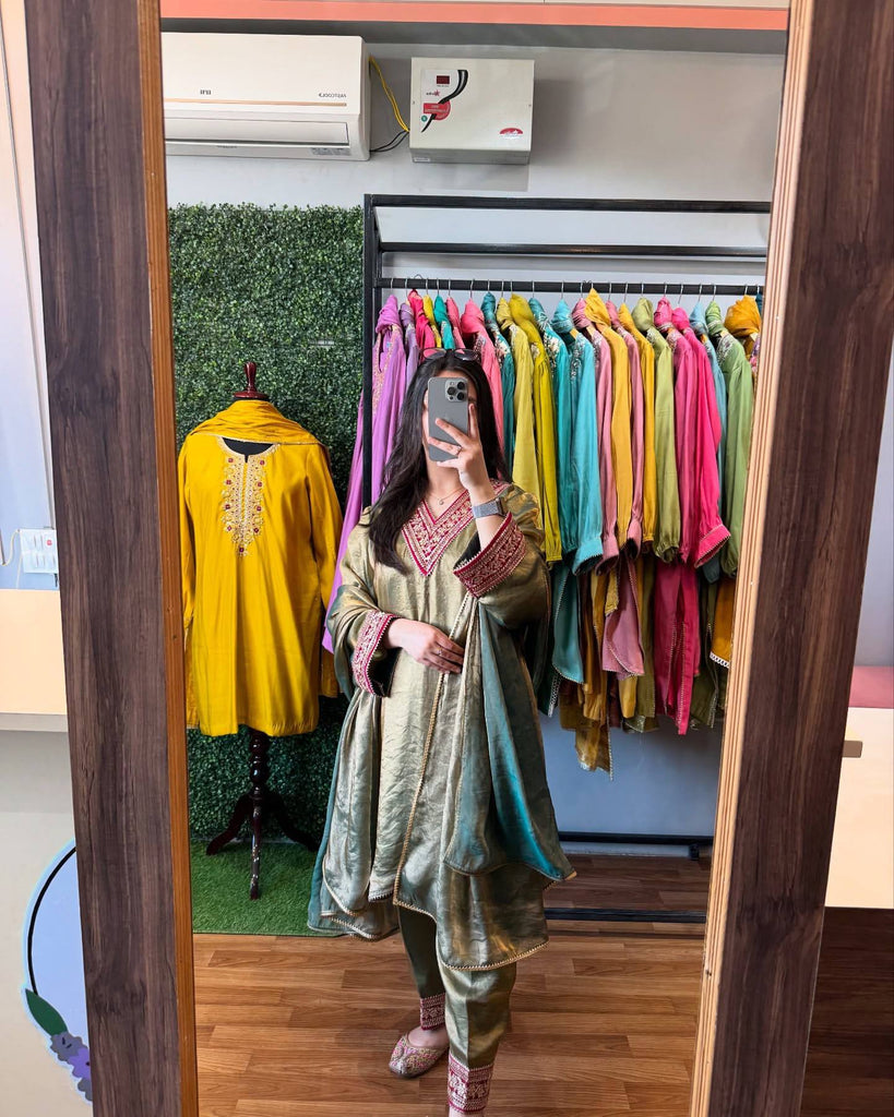 Olive Green Pure Gold Fendi Silk Cording Dori Work Salwar Suit