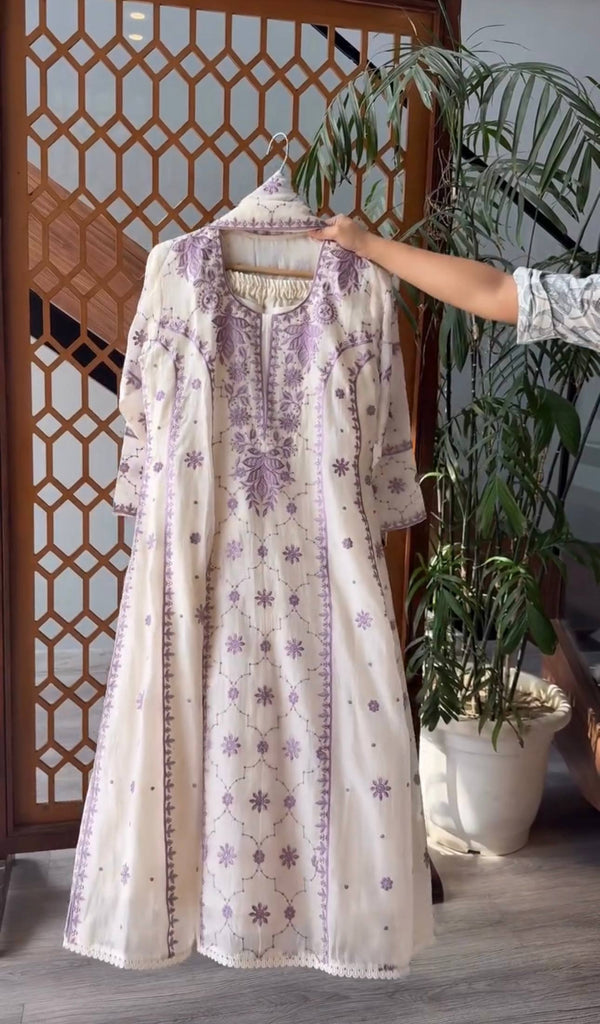 White Roman Silk Heavy Embroidery Work Palazzo Suit