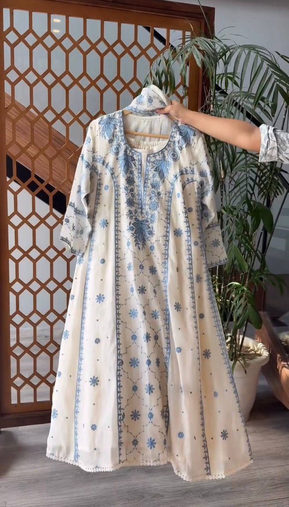 White Roman Silk Heavy Embroidery Work Palazzo Suit