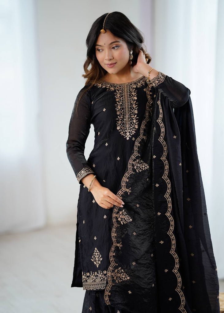 Black Soft Crunchy Silk Sequence Embroidery Work Sharara Suit
