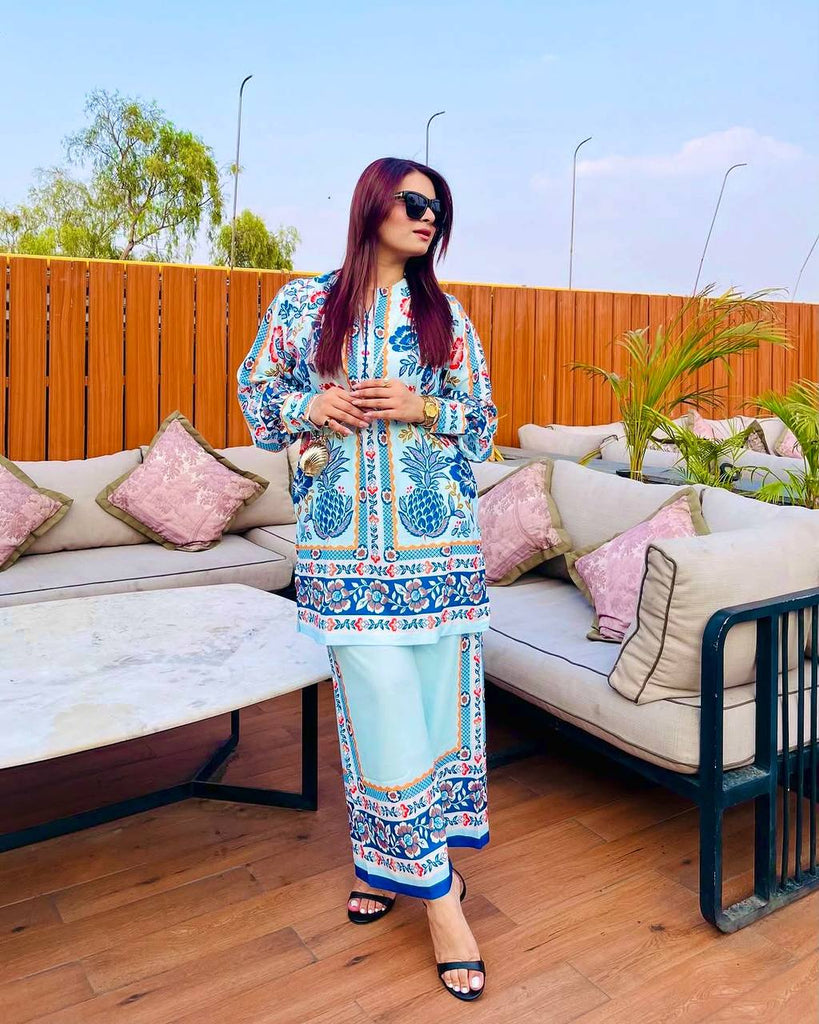 Blue Natural Crepe Digital Printed Co-Ord Set
