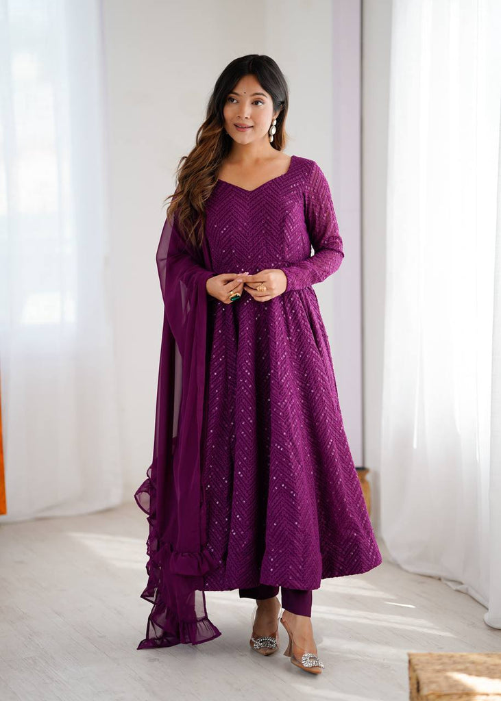 Wine Faux Georgette Sequence Lucknowi Work Gown