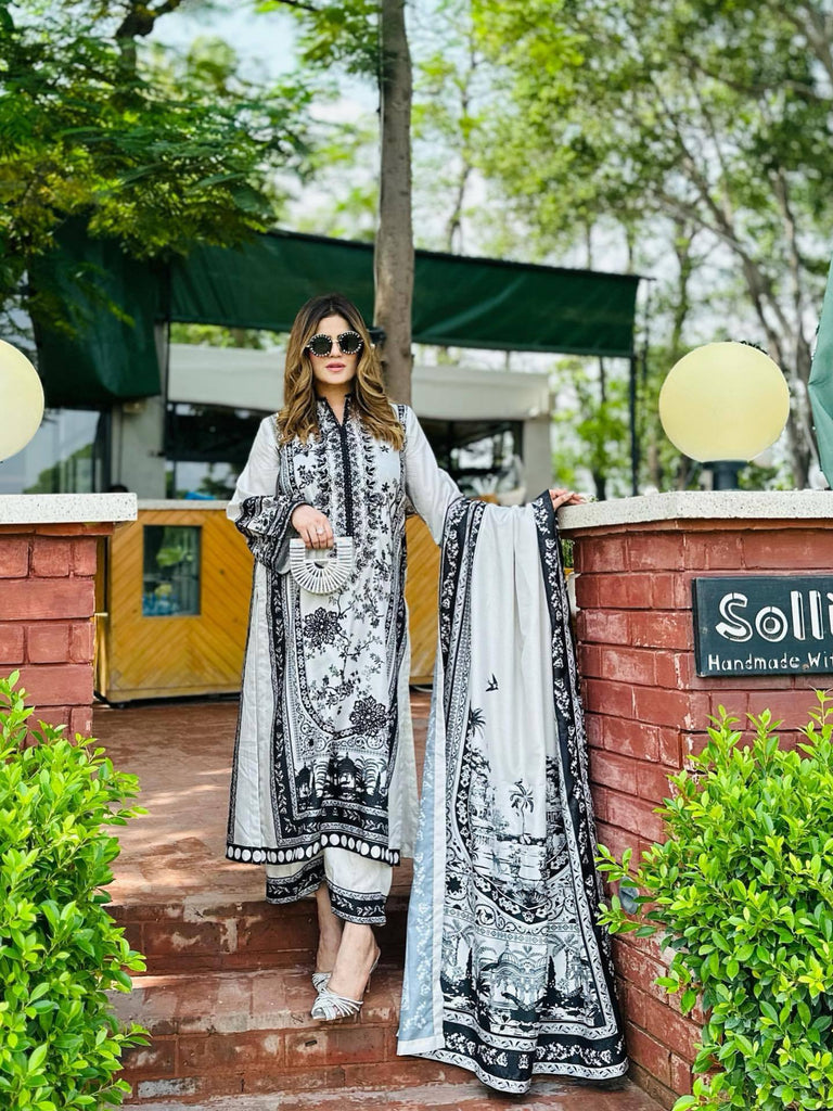 White Malai Satin Silk Digital Printed Palazzo Suit