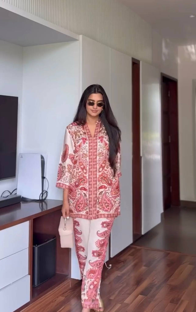 White Malai Satin Silk Digital Printed Co-Ord Set