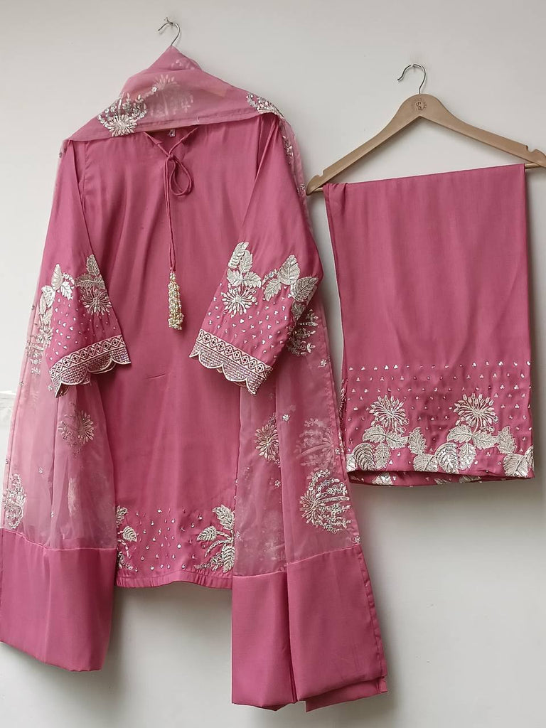 Pink Natural Crepe Sequence Embroidery Work Plazzo Suit