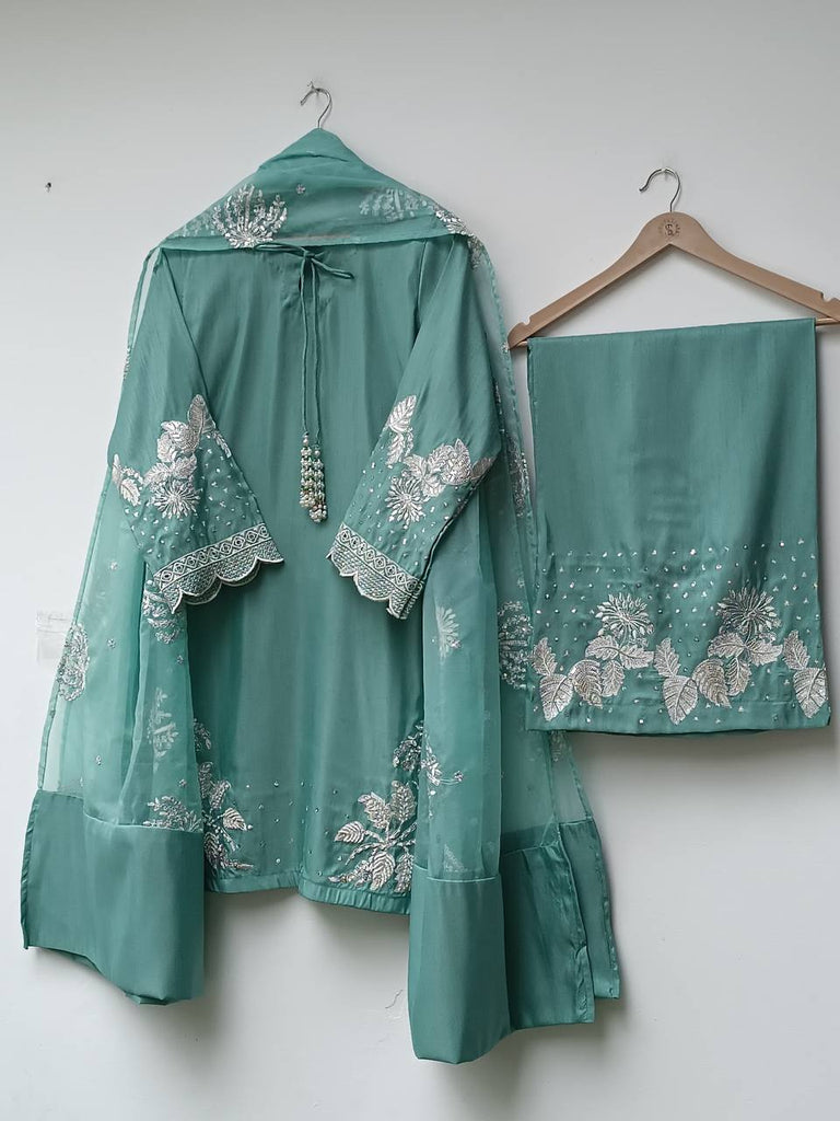 Pista Green Natural Crepe Sequence Embroidery Work Plazzo Suit