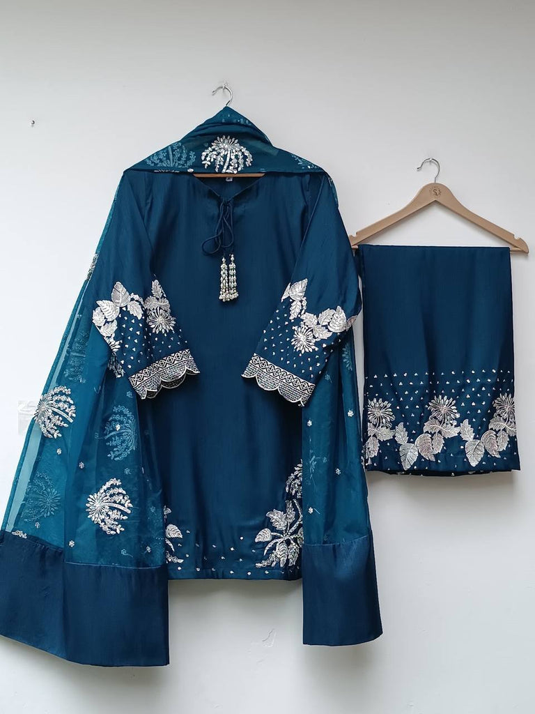 Rama Blue Natural Crepe Sequence Embroidery Work Plazzo Suit