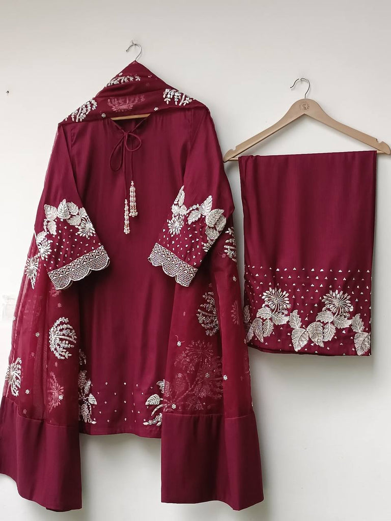 Maroon Natural Crepe Sequence Embroidery Work Plazzo Suit