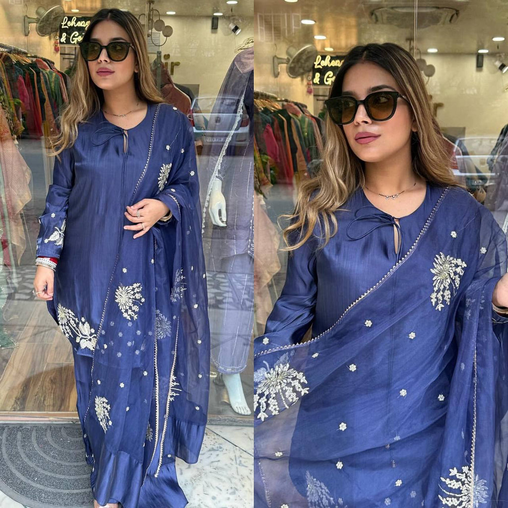 Blue Natural Crepe Sequence Embroidery Work Plazzo Suit