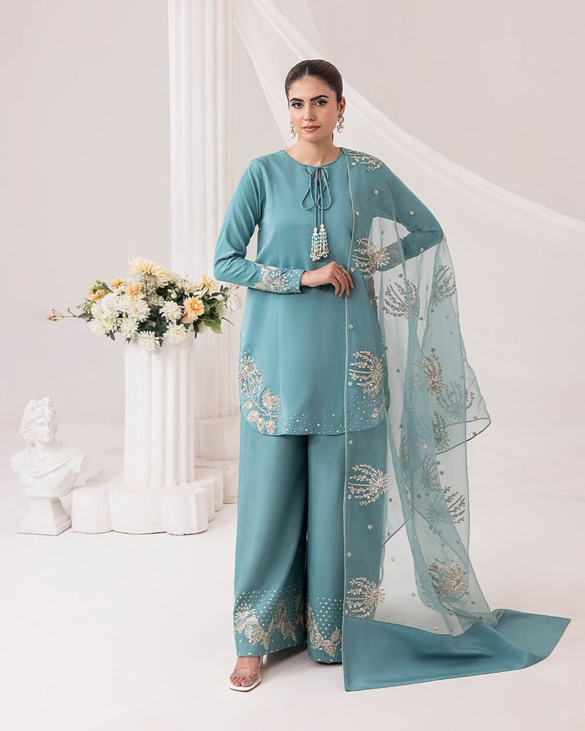 Aqua Natural Crepe Sequence Embroidery Work Plazzo Suit