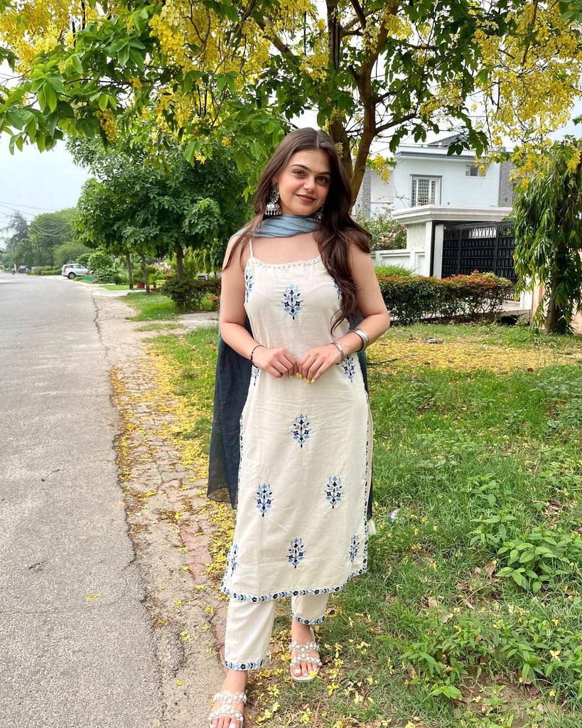 White Kora Khadi Cotton Embroidery Work Top Pant With Dupatta