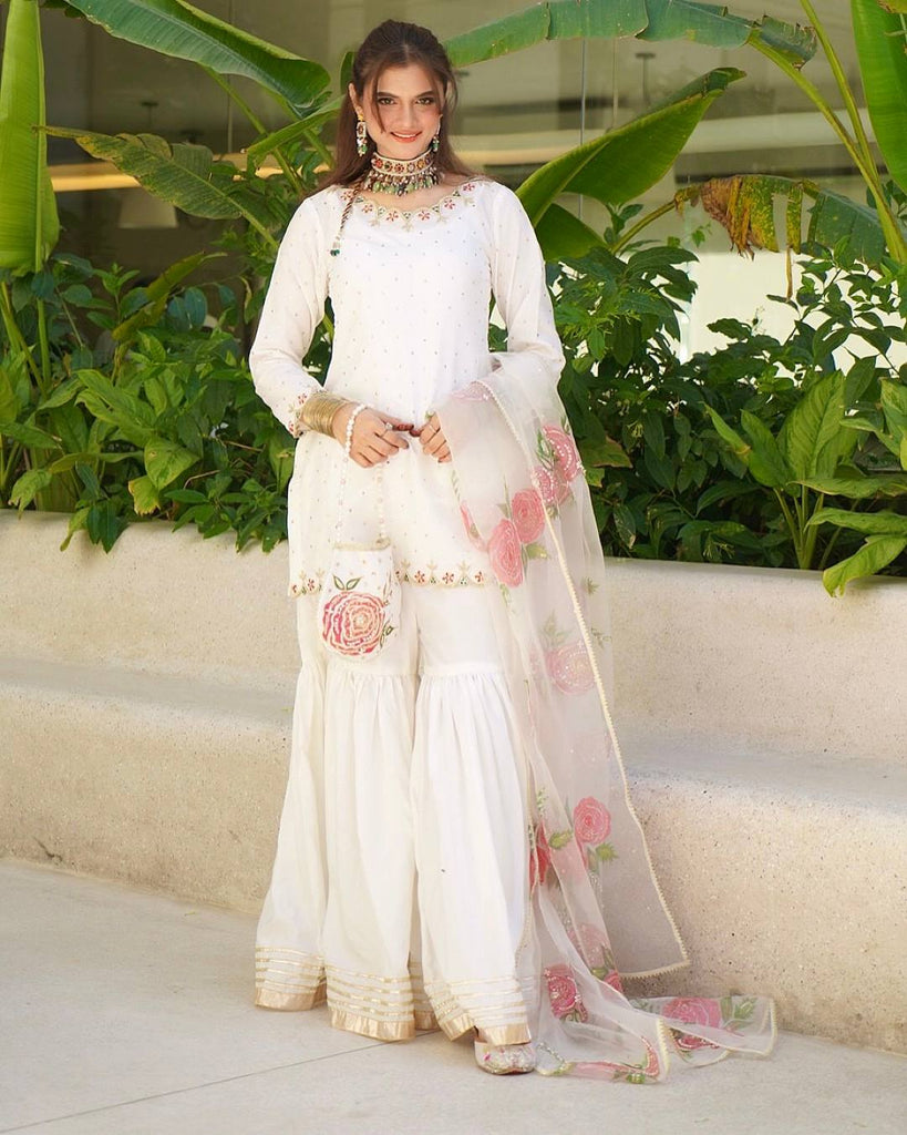 White Pure Natural Crepe Sequence Embroidery Work Sharara Suit