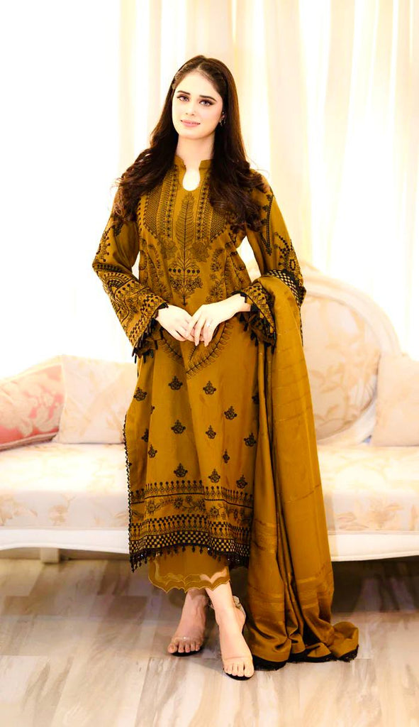 Mustard Yellow Faux Georgette Embroidery Work Salwar Suit