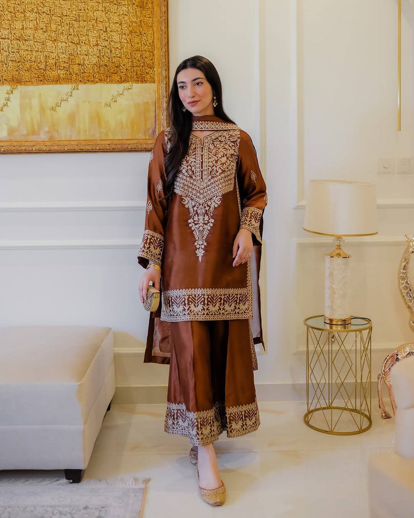 Brown Pure Chinon Silk Embroidery Work Farshi Salwar Suit