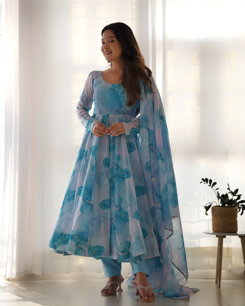 Sky Blue Soft Organza Silk Marble Printed Gown
