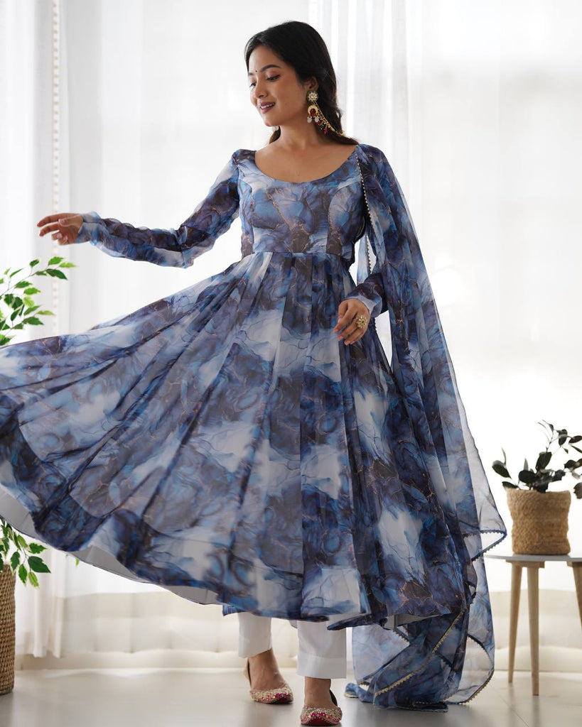 Navy Blue Soft Organza Silk Marble Printed Gown