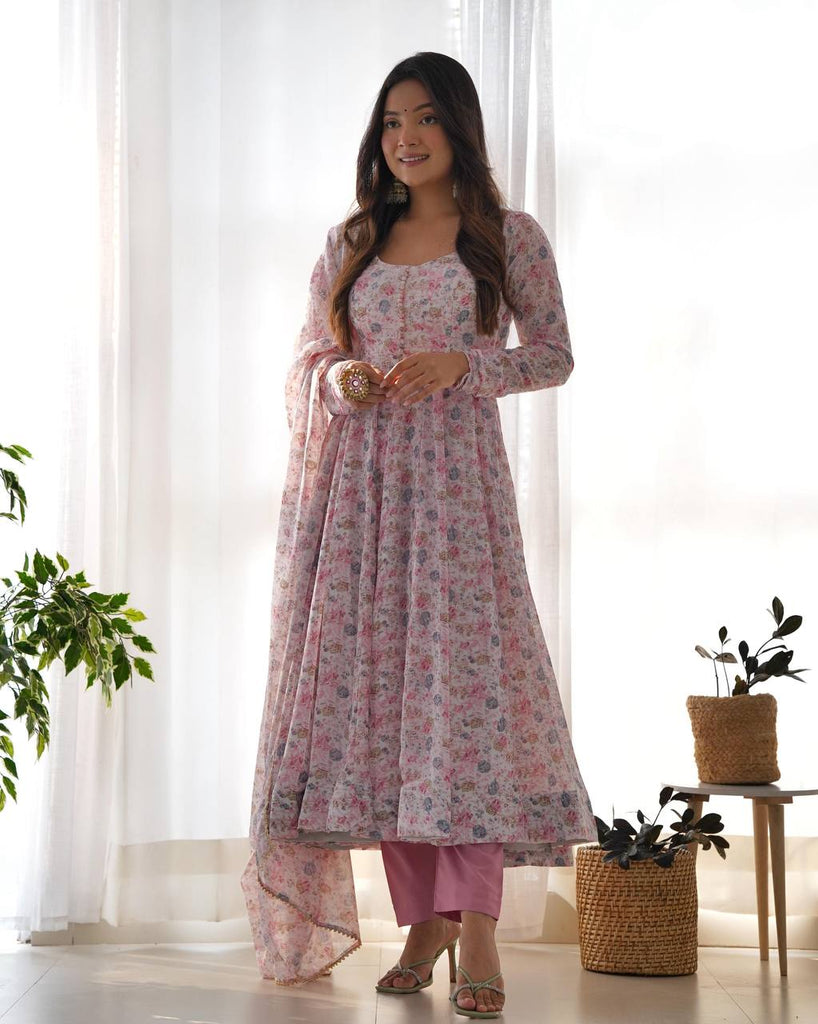 White Organza Chiffon Floral Printed Gown With Dupatta Set