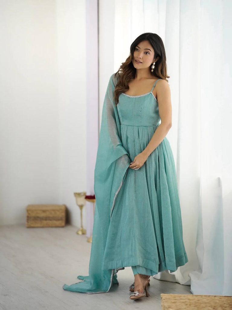 Aqua Crunchy Silk Swarovski Work Gown