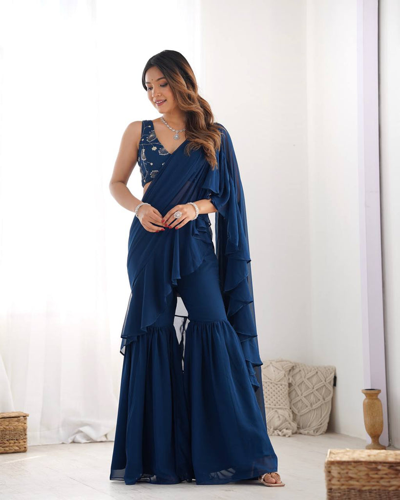 Navy Blue Faux Georgette Ready To Wear Sharara Saree
