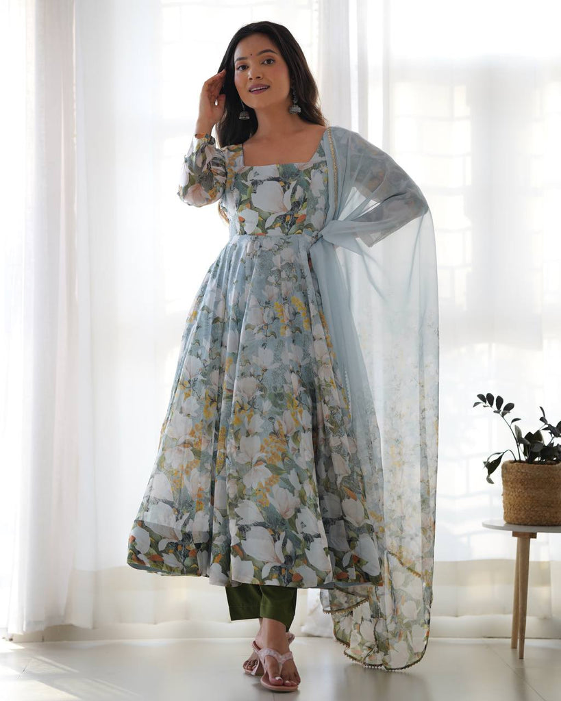 Gray Soft Organza Silk Floral Printed Gown