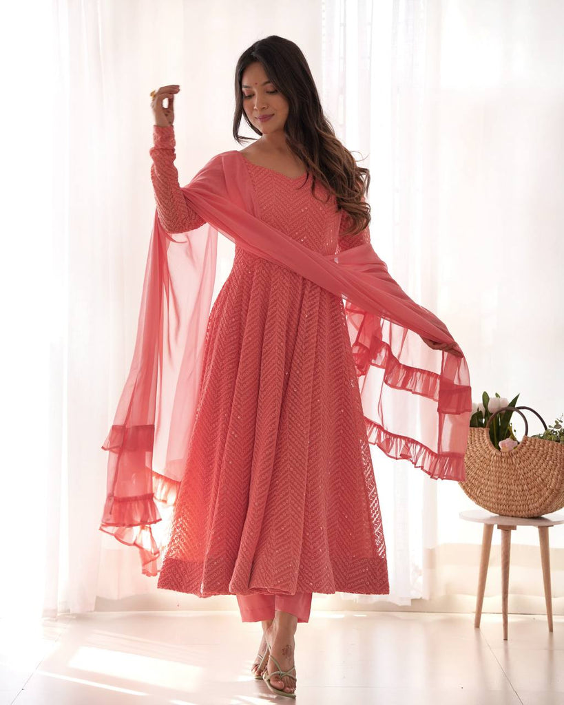Peach Faux Georgette Sequence Lucknowi Work Gown