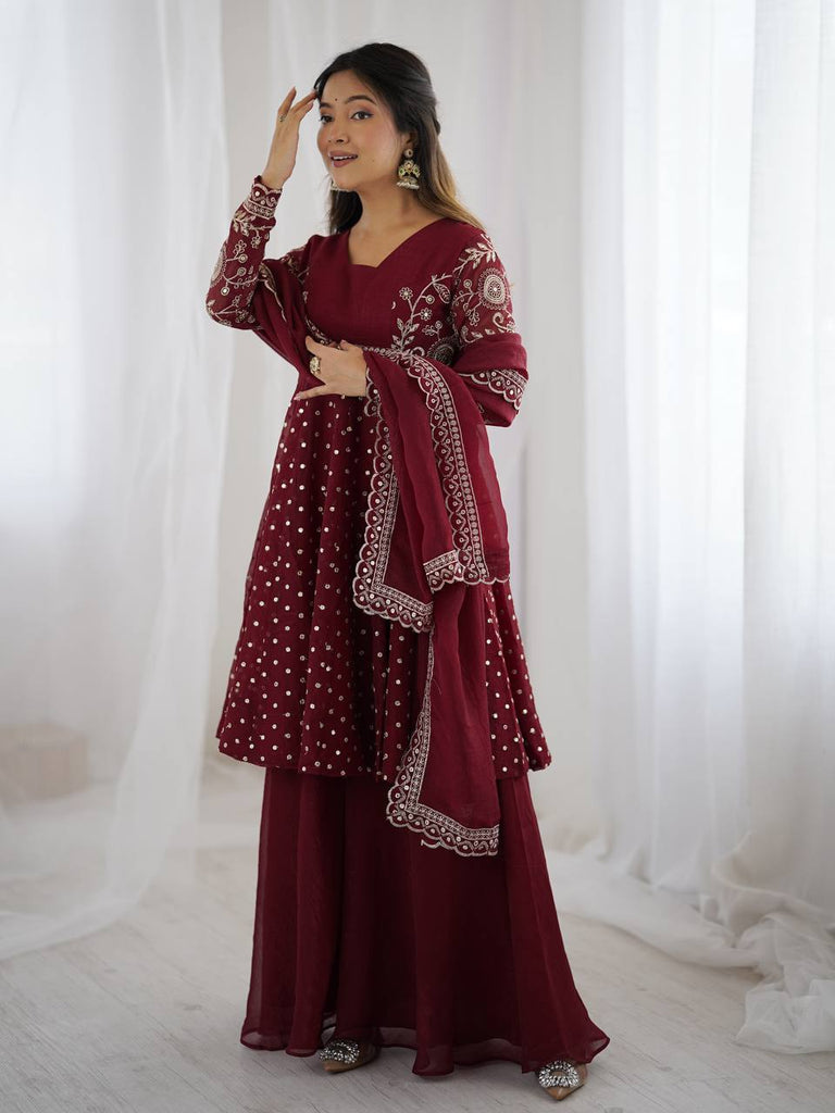 Burgundy Crunchy Silk Sequence Embroidery Work Palazzo Suit