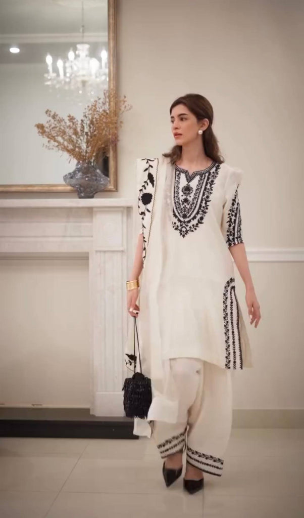 White Natural Crepe Embroidery Work Farshi Plazzo Suit