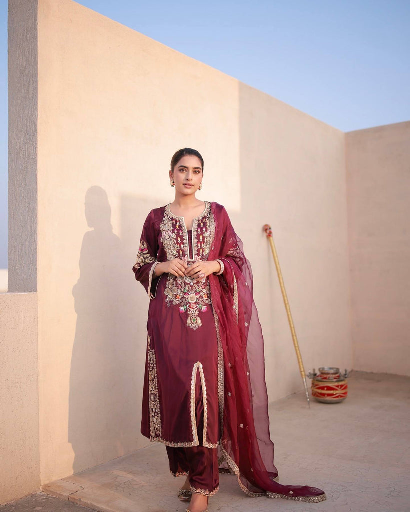 Maroon Natural Satin Silk Cording Dori Work Farshi Plazzo Suit