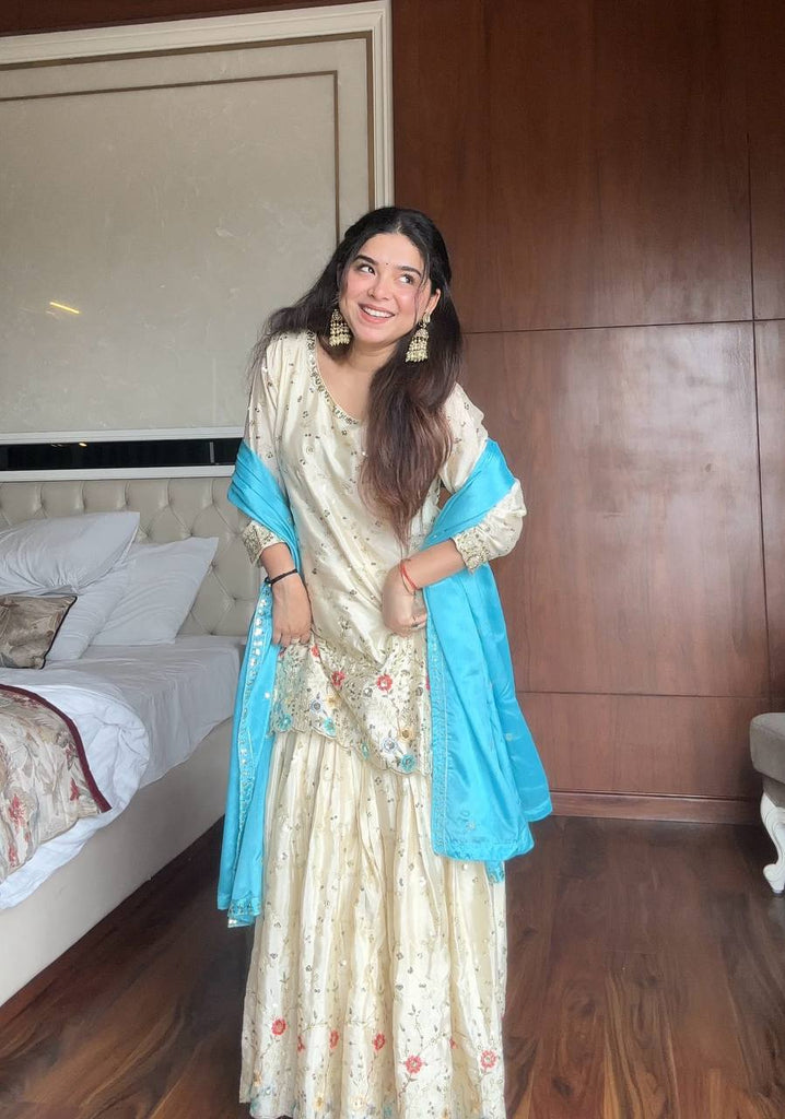 Off White Chinon Silk Sequence Embroidery Work Sharara Suit